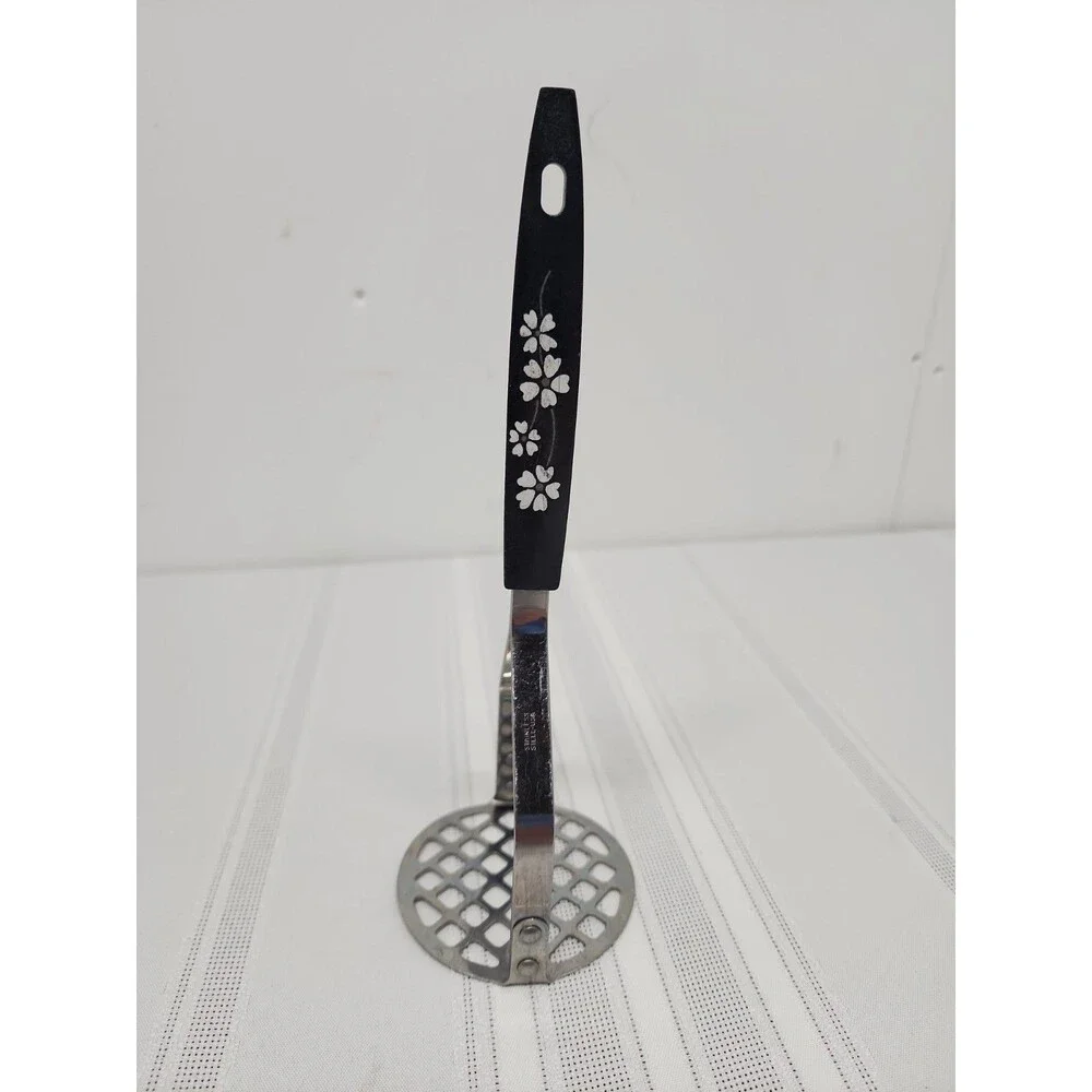 Mid-Century Potato Masher Stainless Steel Black Floral Handle Made In The USA